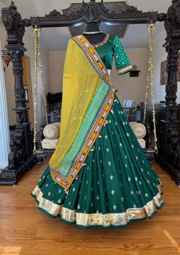 Green Silk Flare Chaniya with Dupatta